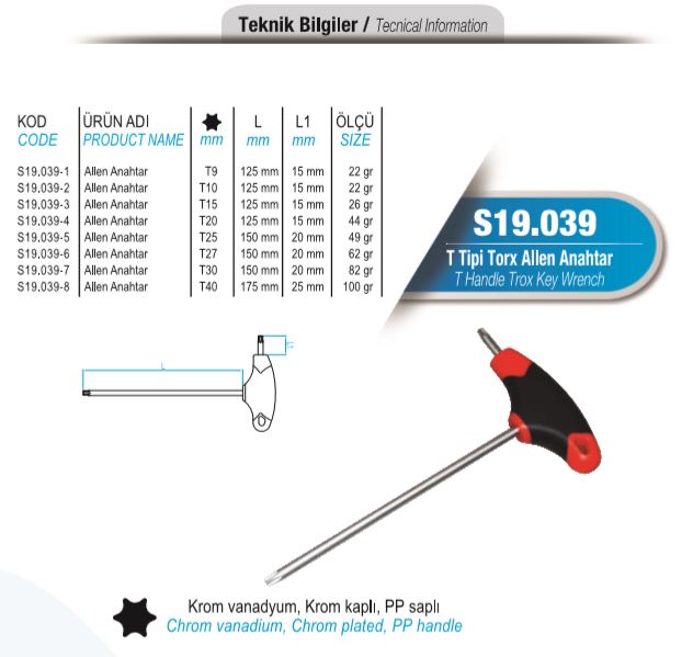 S19.039 T Tipi Torx Allen Anahtar