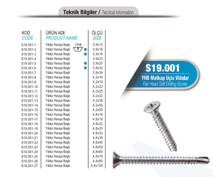 S19.001 YHB Matkap Ucu Vidalar